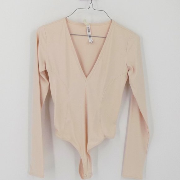 Free People Tops - Intimately Free People Body Suit Size XS Cream Beige V-Neck Long Sleeve